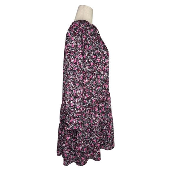 Zara Black Pink Floral Long Sleeve Tiered Mini Dress Size M Boho Cottagecore - Picture 5 of 7